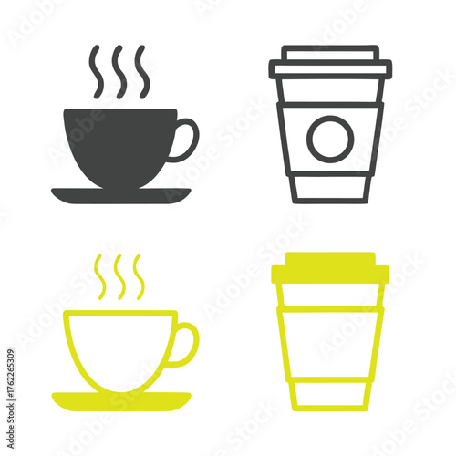 Set of coffee cup icons with steam and two takeaway cups