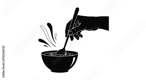 Silhouette of a hand stirring a bowl of liquid, creating gentle splashes.