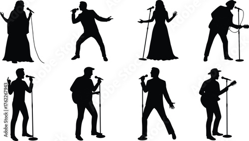 Singer and Guitarist Silhouette Set in Dynamic Music Performance Poses with Microphones, Guitars, and Expressive Stage Gestures