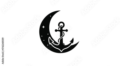 Celestial anchor silhouette against a starry crescent moon, symbolizing dreams and adventure.
