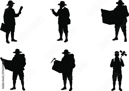 Explorer Silhouette Set Featuring Adventurers with Maps, Pickaxes, Flags, and Satchels in Navigation and Discovery Poses