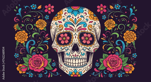 Festive Skull Floral Design: A beautifully adorned skull, rich with intricate floral patterns, embodies the vibrant spirit of the Day of the Dead. Intricate detailing of flower, vibrant colors.