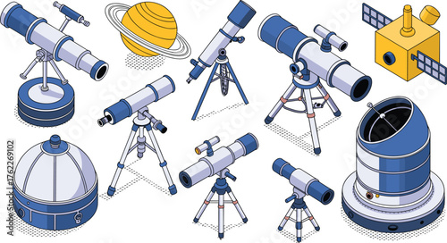 Isometric 3D illustration of astronomy telescopes, observatory dome, satellite, and planet, scientific research, space exploration, and astrophysics observation equipment
