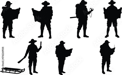 Explorer Silhouette Set Featuring Adventurers with Maps, Telescopes, Ropes, Rifles, and Sled in Expedition and Discovery Poses