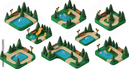 Isometric 3D illustration of city park landscape with benches, pathways, trees, lamp posts, river, and playground elements design