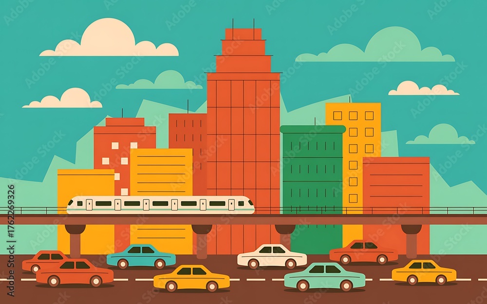 Naklejka premium Colorful cityscape with buildings cars and train under a cloudy sky