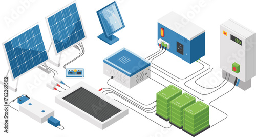 Isometric 3D illustration of solar power system with panels, batteries, inverters, and energy control units for renewable electricity generation