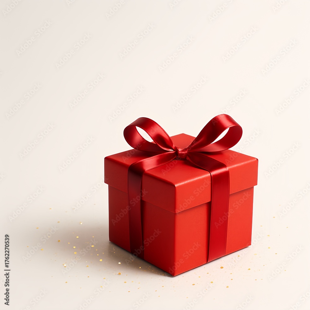 Fototapeta premium Red gift box with ribbon on light background 
