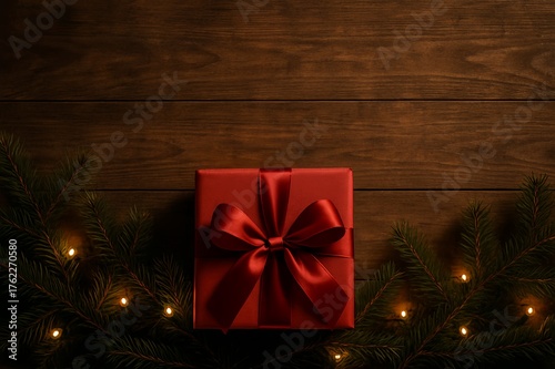 Red Christmas gift box with ribbon on wooden table with lights  