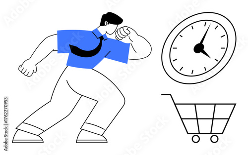 Businessman in a tie running next to a clock and empty shopping cart. Ideal for time management, productivity, deadlines, urgency, decision-making, planning, multitasking. Simple flat metaphor