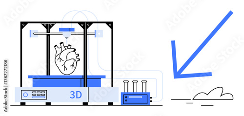 3D printer producing heart-shaped model with adjacent tubes and device. Ideal for healthcare, innovation, research, technology, prototyping, medical advancements, modern science. Simple flat metaphor