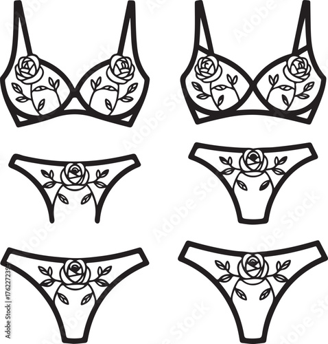 A romantic collection of women's lingerie, including bra and panty sets, decorated with elegant rose flower embroidery line art