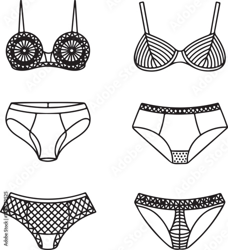 A collection of six different bra and panty designs in a hand-drawn, outline style with various stripe and dot patterns