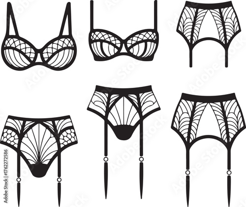 A vector illustration set of women's intimate apparel, including various bras and garter belts with intricate, decorative lace-like patterns