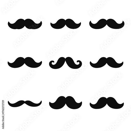 Set of black mustache vector icons. Diverse mustache styles vector collection. Gentleman, party props, and facial hair elements. Various shapes for vintage, retro, or men's fashion designs. Vector