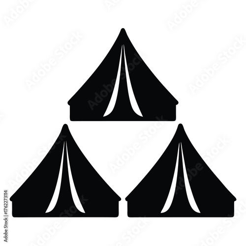 Scalable vector illustration of three black tent silhouettes for camping graphics