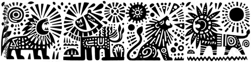 Lion Sun Art Design Black White Illustration.