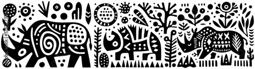 African wildlife art black and white rhino illustration nature design.