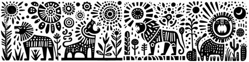 Artistic depiction of lions suns and plants in a black and white design.