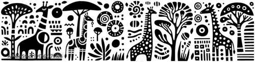 African Safari Silhouette Art: Giraffes Trees and Wildlife.