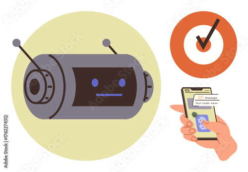 Robot with antennae, hand holding phone displaying verification code, checkmark in circle. Ideal for cybersecurity, AI, communication, automation, validation technology trust. Simple flat metaphor