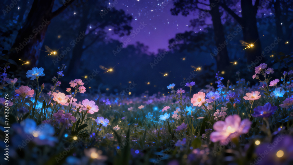 Obraz premium A serene forest landscape captures the beauty of glowing flowers amid tall trees at twilight. Fireflies dance in the cool evening air, creating a peaceful, enchanting atmosphere