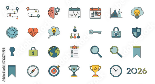 Flat vector icon pack for 2026 planning, focus, and attention. Clean, futuristic design for strategic business, security, and goal tracking applications