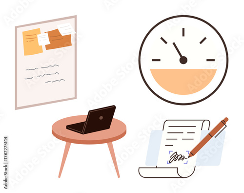 Organized workspace with laptop on table, clock tracking time, bulletin board with notes, signed contract. Ideal for productivity, work management, focus, time tracking, business planning teamwork