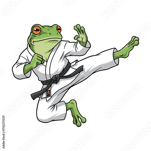 Green frog in a white karate gi performing a kick amphibian animal
