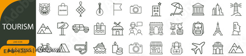Tourism Icon Set – Symbols of Travel, Landmarks, Adventure, and Cultural Exploration