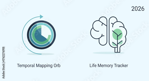 Vector icon pack depicting future technology concepts temporal mapping and life memory tracking, ideal for modern digital interfaces and cognitive data visualizations