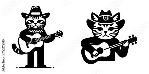 Cat Cowboy Playing Guitar Black and White Illustration.