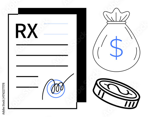 RX paper with signature, money bag with dollar sign, coin symbolize healthcare expense, financial planning. Ideal for insurance, pharmacy, cost management, medical billing, health investment