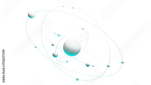 An abstract model of an atom or stellar system with a central object (the nucleus of an atom/star) and secondary objects (electrons/planets) with orbits. A model of a planet with satellites and orbits