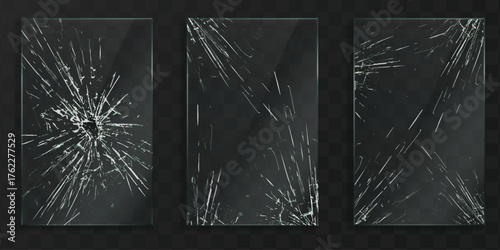 Cracked glass effect in three panels realistic texture abstract visuals vector
