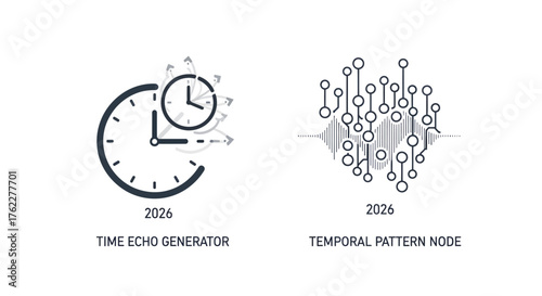 Clean flat vector icon pack for 2026, presenting a futuristic time echo generator and an advanced temporal pattern node concept