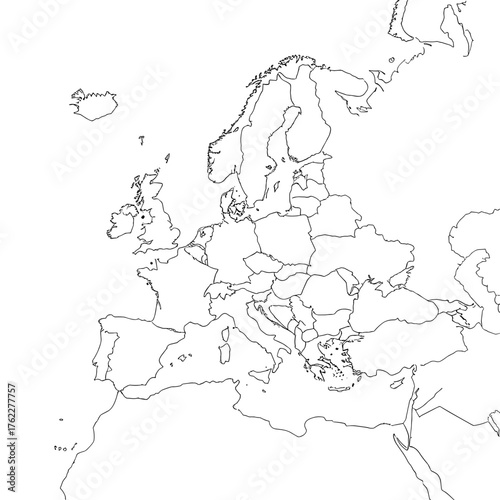 Political map of Europe, black and white style, outline drawing, geographical representation