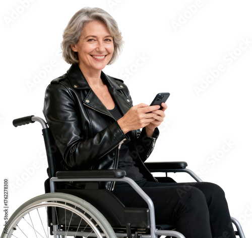 Smiling Mature Woman in Wheelchair Uses Smartphone, Isolated on White. Black Leather Jacket, Gray Hair, Positive Attitude, Accessibility Concept