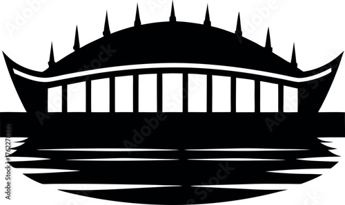 Black and white vector silhouette of a bridge over water with a cargo ship and city skyline illustration for travel and transportation