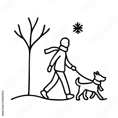 A man in a cheerful mood walks his dog in a minimalistic winter dashed pattern on a snowy background
