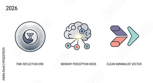Modern Flat Vector Icon Pack for 2026 Digital Interfaces, Featuring a Time Reflection Orb, a Memory Perception Node, and a Clean Minimalist Arrow Design for UI/UX