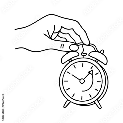 A hand with a calm mood sets a classic alarm clock in a minimalistic linear style on a white background
