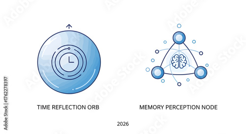 Clean minimalist vector icon collection for 2026, depicting a conceptual time reflection orb and an intricate memory perception node, ideal for digital design projects