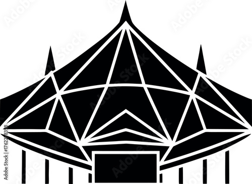 A black and white circus tent vector illustration that can be used as a design icon or symbol of a building