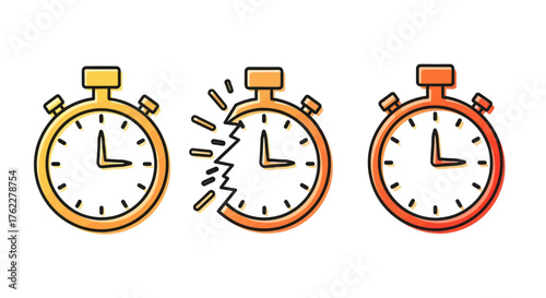 Flat vector icon pack Chronometers in calm and broken states. Represents time management, urgent deadlines, emotional pace, and the need for stability on white background