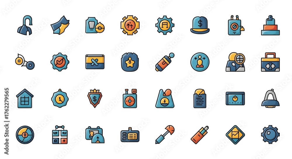 Fototapeta premium Essential flat vector icon pack featuring diverse interface elements, security symbols, tools, and settings. Perfect for modern digital applications and general management