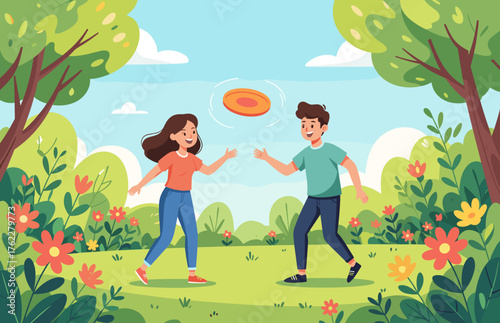 Friends tossing frisbee, cheerful mood, outdoor park, nature background with flowers and trees
