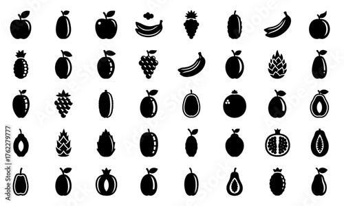 A collection of simple, black and white icons representing various fruits, perfect for design and culinary applications