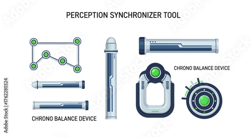 Flat vector illustration pack of futuristic technology tools, including conceptual synchronizers and advanced balance devices, rendered on a clean white background