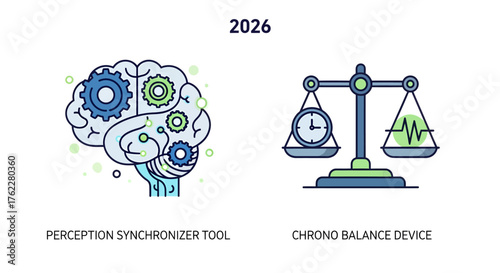 Contemporary flat vector icon pack for 2026 featuring brain perception and time balance devices on a clean white background for modern concepts